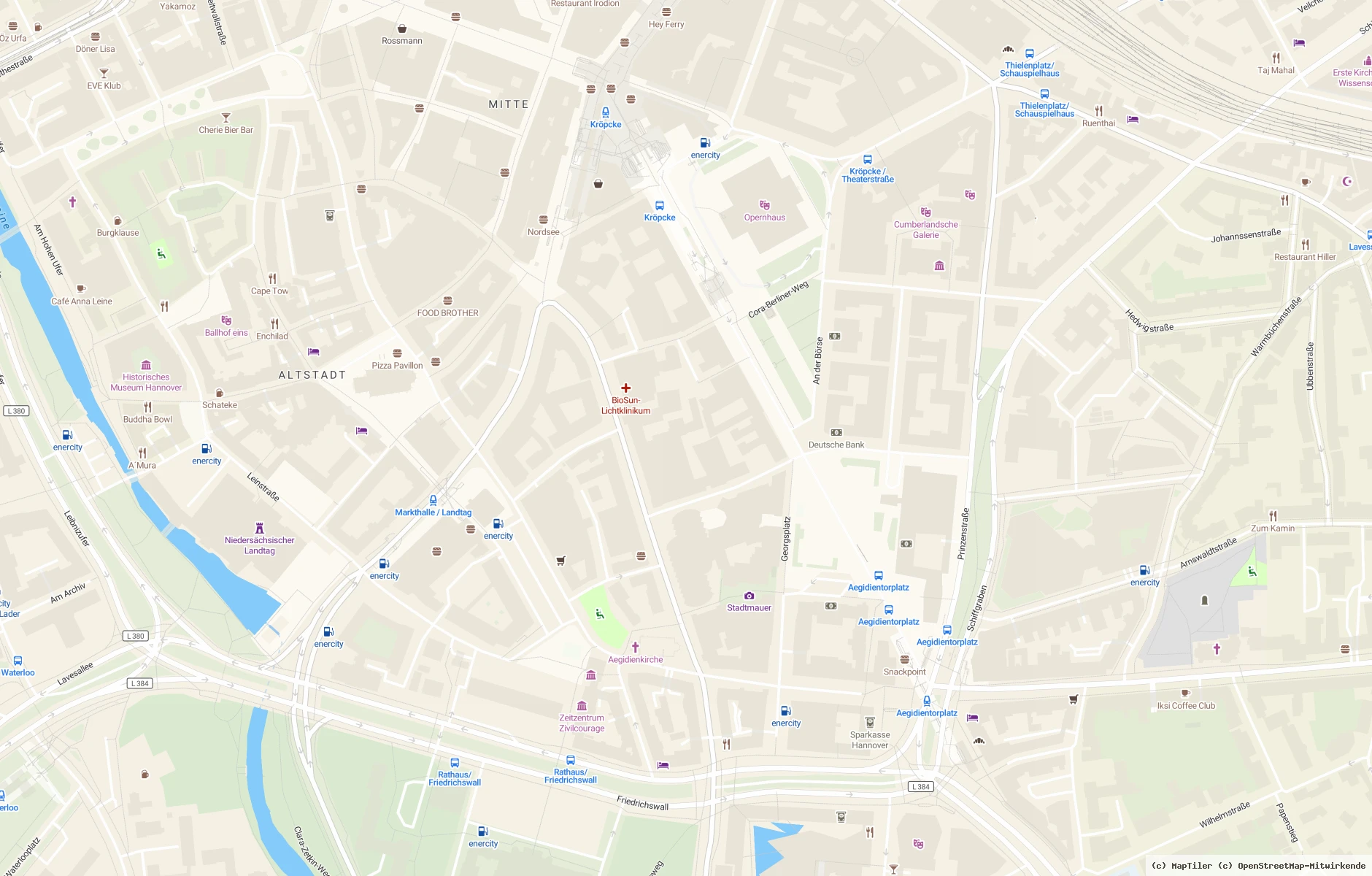 Kartenausschnitt mit dem Institut in der Osterstraße 41, 30159 Hannover sowie den umliegenden Parkhäusern und Haltestellen