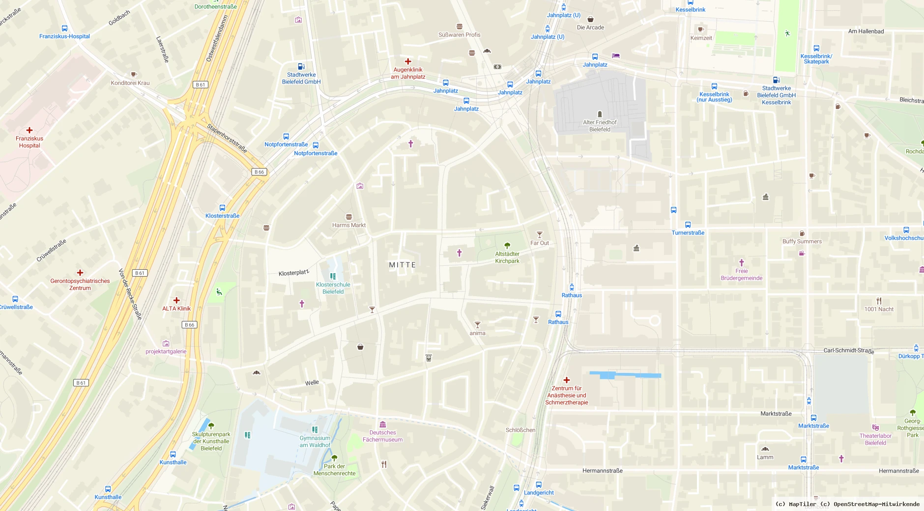 Kartenausschnitt mit dem Institut in der Altstädter Kirchstraße 10, 33602 Bielefeld sowie den umliegenden Parkhäusern und Haltestellen