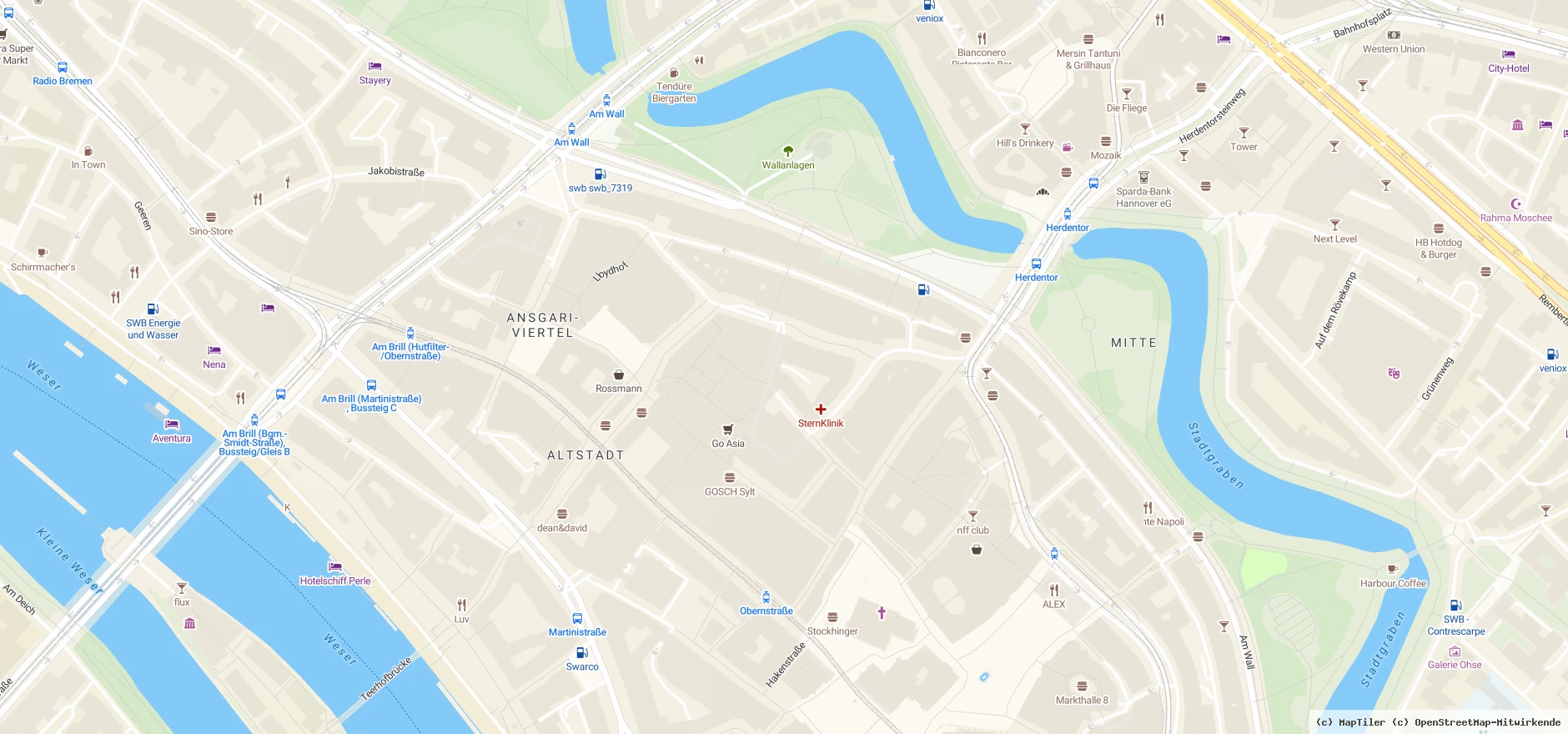 Kartenausschnitt mit dem Institut in der Knochenhauerstr. 27, 28195 Bremen sowie den umliegenden Parkhäusern und Haltestellen